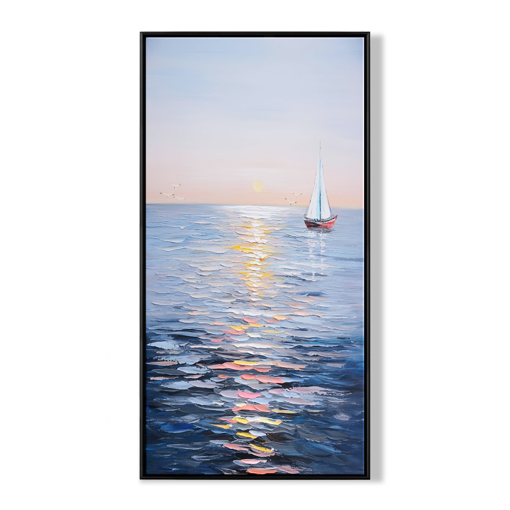 Tranquil Sailing at Sunset: Serene Oil Painting of a Sailboat on Calm Waters