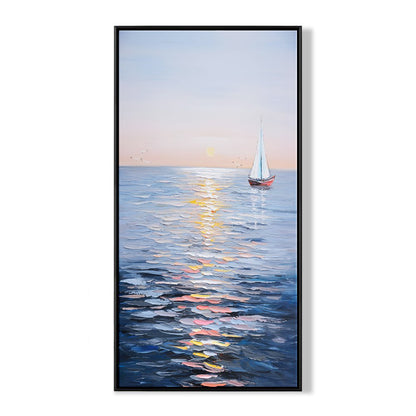 Tranquil Sailing at Sunset: Serene Oil Painting of a Sailboat on Calm Waters