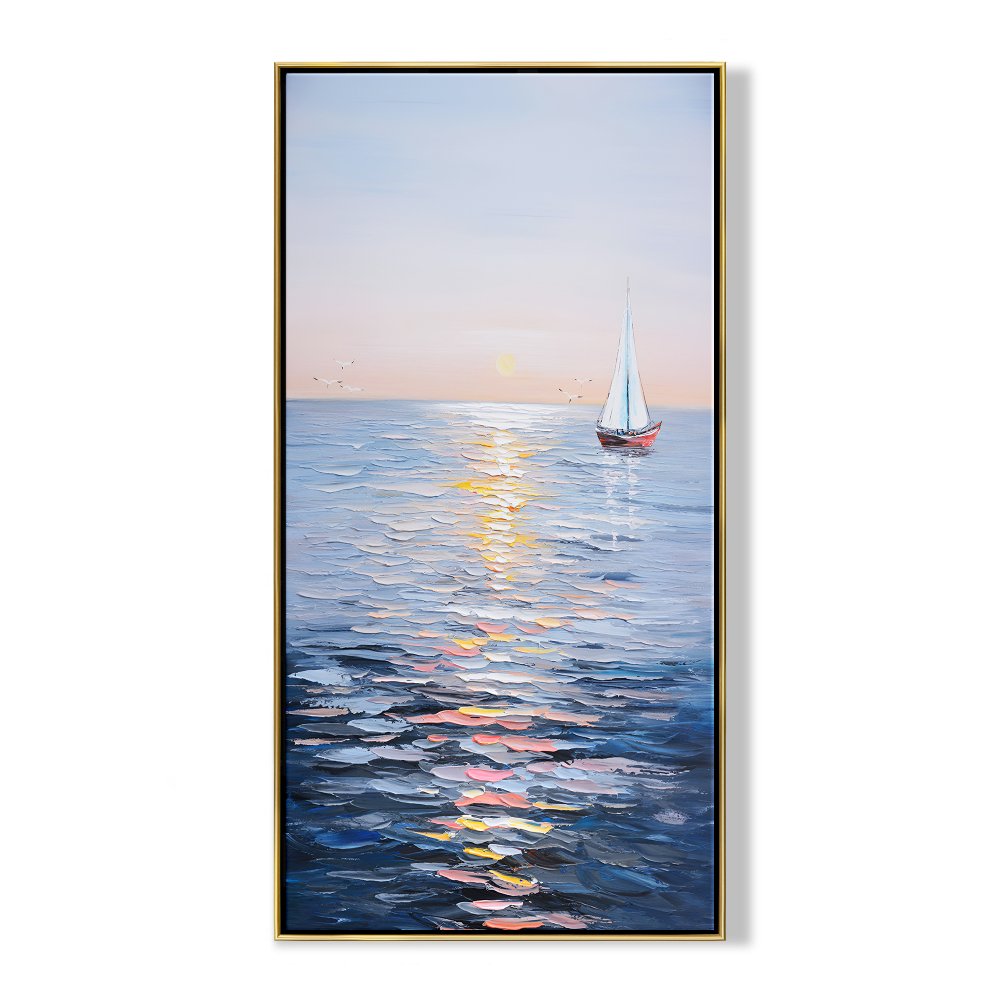 Tranquil Sailing at Sunset: Serene Oil Painting of a Sailboat on Calm Waters
