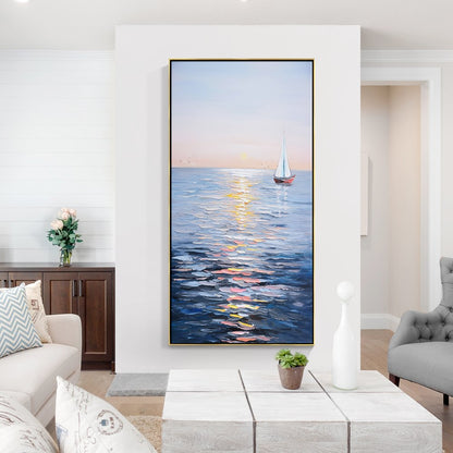 Tranquil Sailing at Sunset: Serene Oil Painting of a Sailboat on Calm Waters