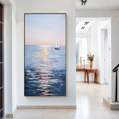 Tranquil Sailing at Sunset: Serene Oil Painting of a Sailboat on Calm Waters