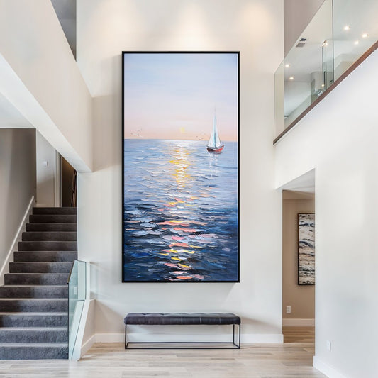 Tranquil Sailing at Sunset: Serene Oil Painting of a Sailboat on Calm Waters