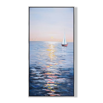 Tranquil Sailing at Sunset: Serene Oil Painting of a Sailboat on Calm Waters