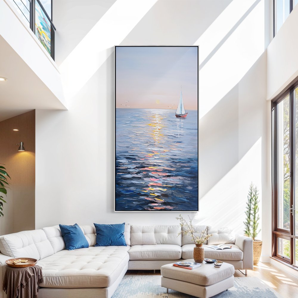 Tranquil Sailing at Sunset: Serene Oil Painting of a Sailboat on Calm Waters