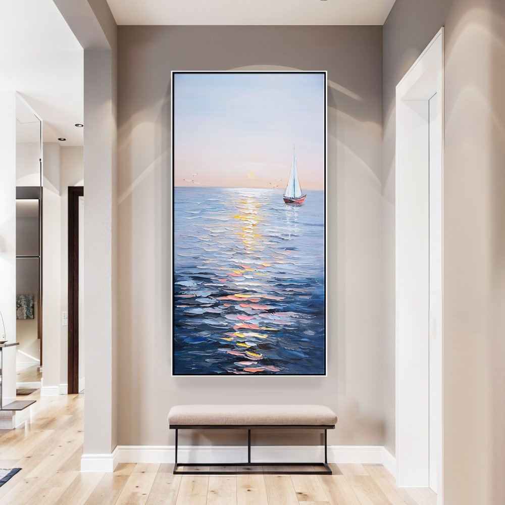 Tranquil Sailing at Sunset: Serene Oil Painting of a Sailboat on Calm Waters