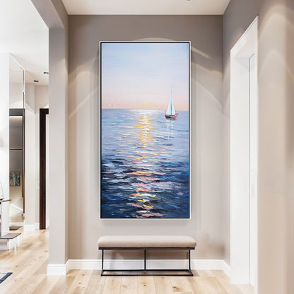 Tranquil Sailing at Sunset: Serene Oil Painting of a Sailboat on Calm Waters