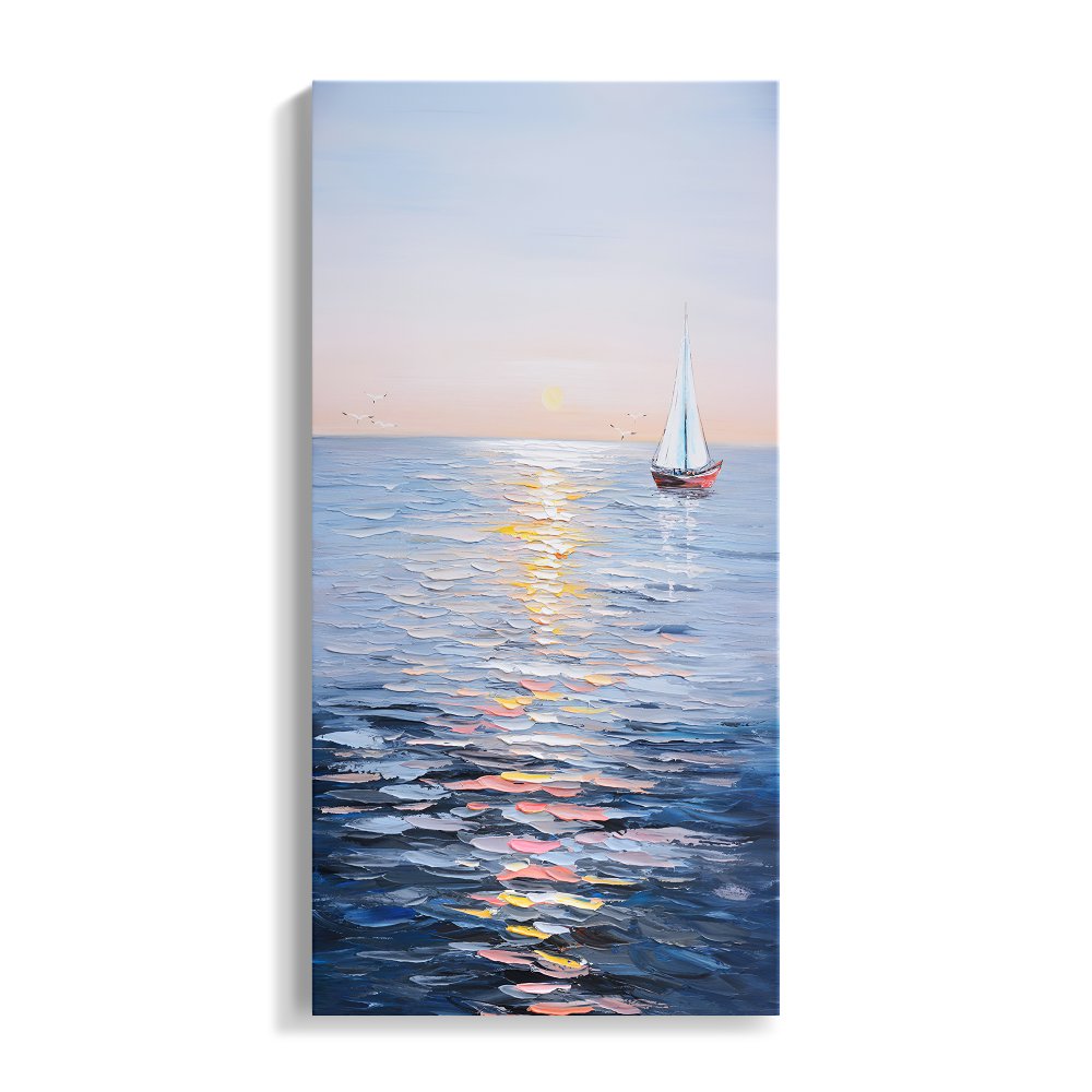 Tranquil Sailing at Sunset: Serene Oil Painting of a Sailboat on Calm Waters