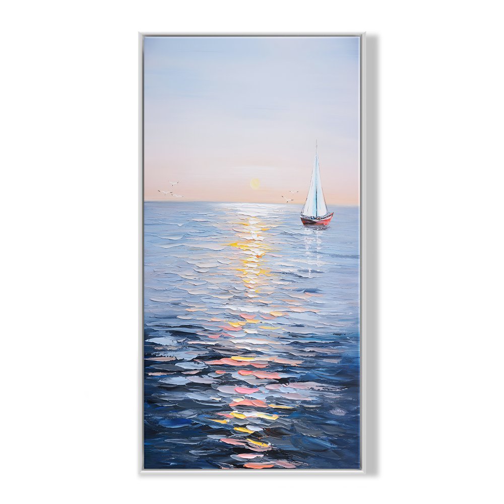 Tranquil Sailing at Sunset: Serene Oil Painting of a Sailboat on Calm Waters