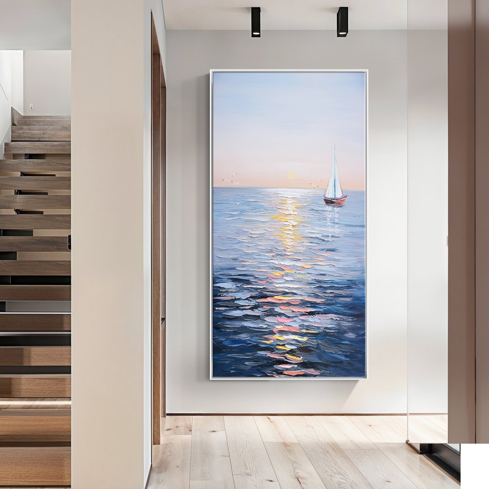 Tranquil Sailing at Sunset: Serene Oil Painting of a Sailboat on Calm Waters