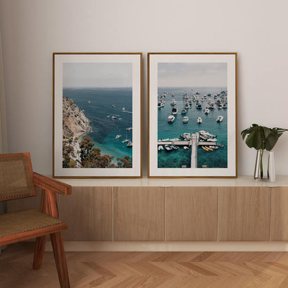 Serene Catalina Jetty Oil Painting with Boats and Tranquil Waters