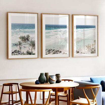 Stunning Coastal Triptych: Vibrant Rainbow Bay Seascapes for Modern Decor