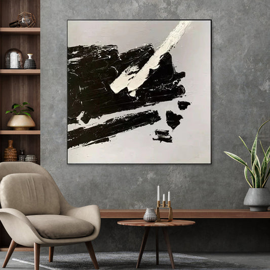 Modern Abstract Oil Painting in Black and White - Striking Minimalist Art