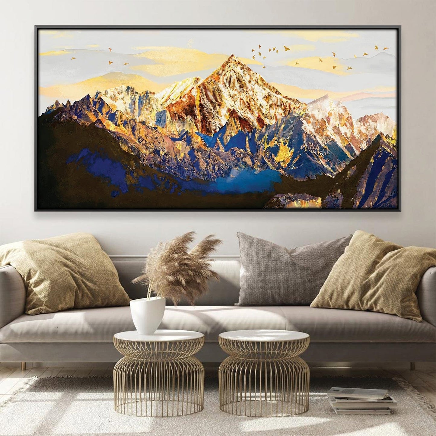 Majestic Mountain Landscape Oil Painting - Vibrant Gold and Blue Tones for Home Decor