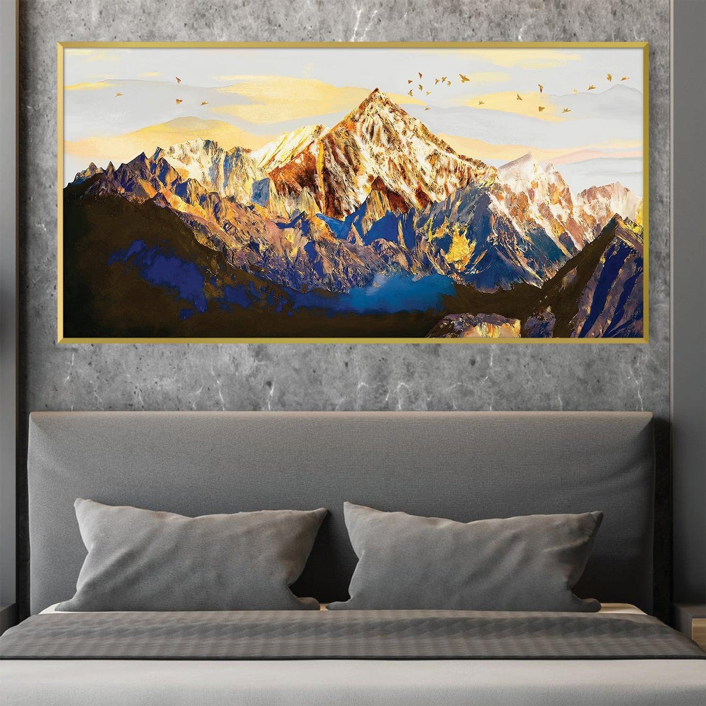 Majestic Mountain Landscape Oil Painting - Vibrant Gold and Blue Tones for Home Decor