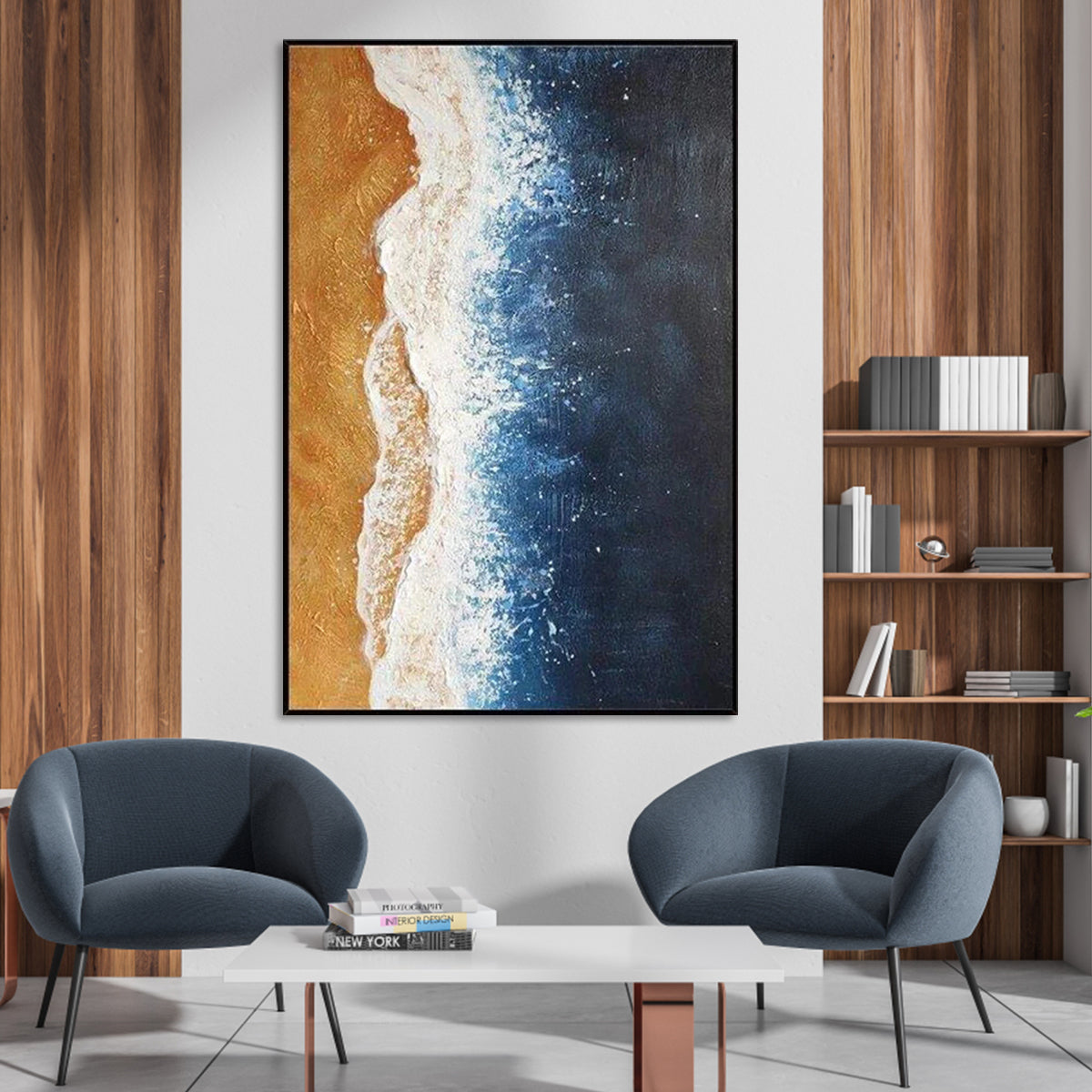 Coastal Serenity: Abstract Ocean Wave Oil Painting for Modern Home Décor