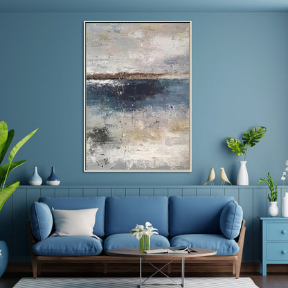 Serene Coastal Abstract Oil Painting in Tranquil Blues and Earthy Tones