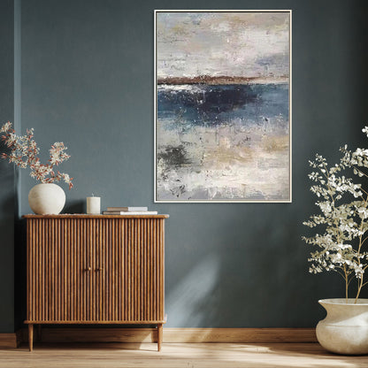 Serene Coastal Abstract Oil Painting in Tranquil Blues and Earthy Tones