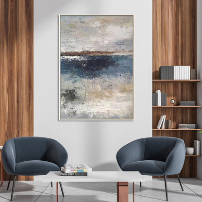 Serene Coastal Abstract Oil Painting in Tranquil Blues and Earthy Tones