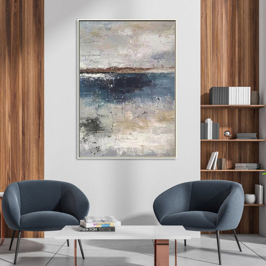 Serene Coastal Abstract Oil Painting in Tranquil Blues and Earthy Tones