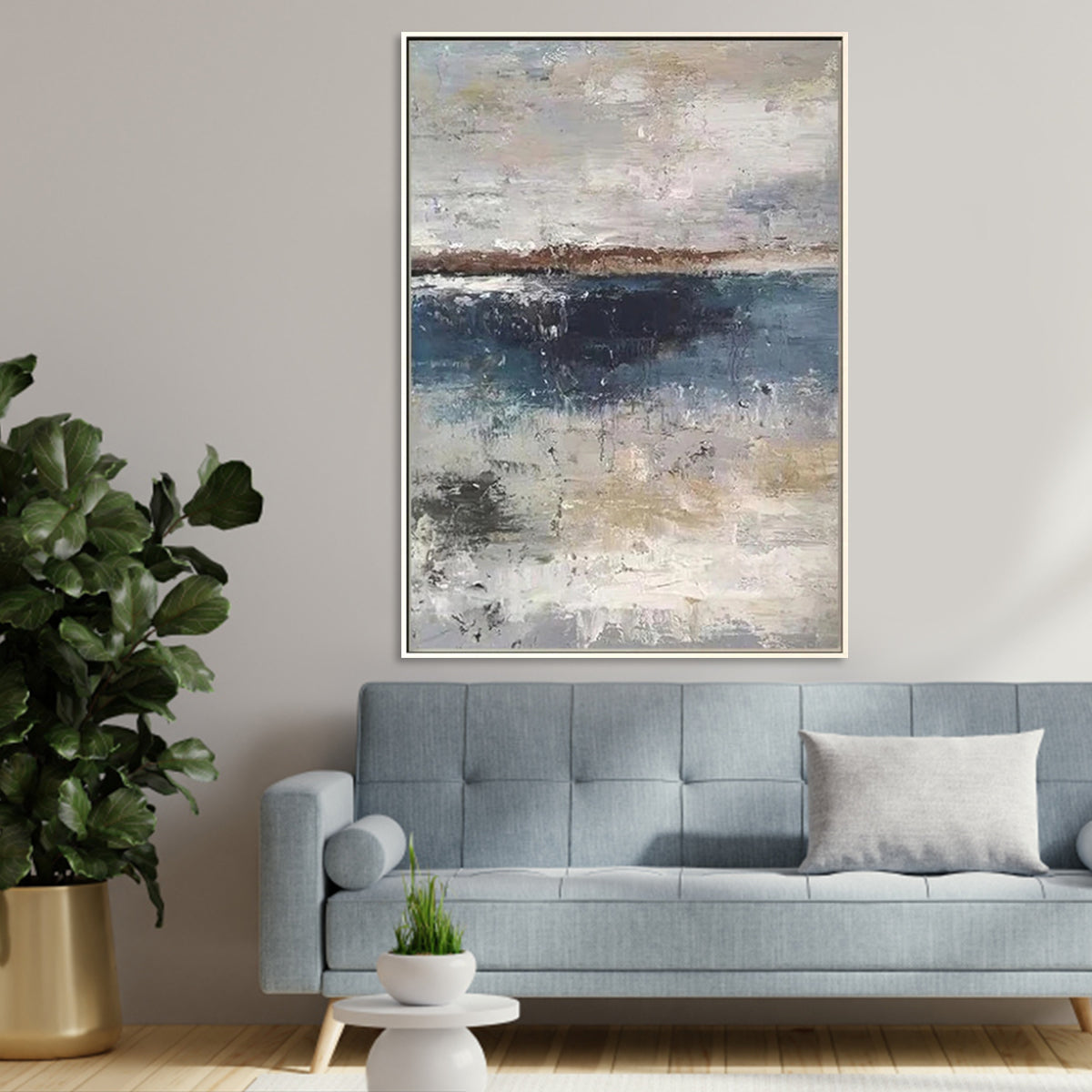 Serene Coastal Abstract Oil Painting in Tranquil Blues and Earthy Tones