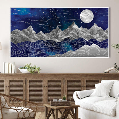 Majestic Silver Mountains Nightscape Oil Painting for Modern Home Decor