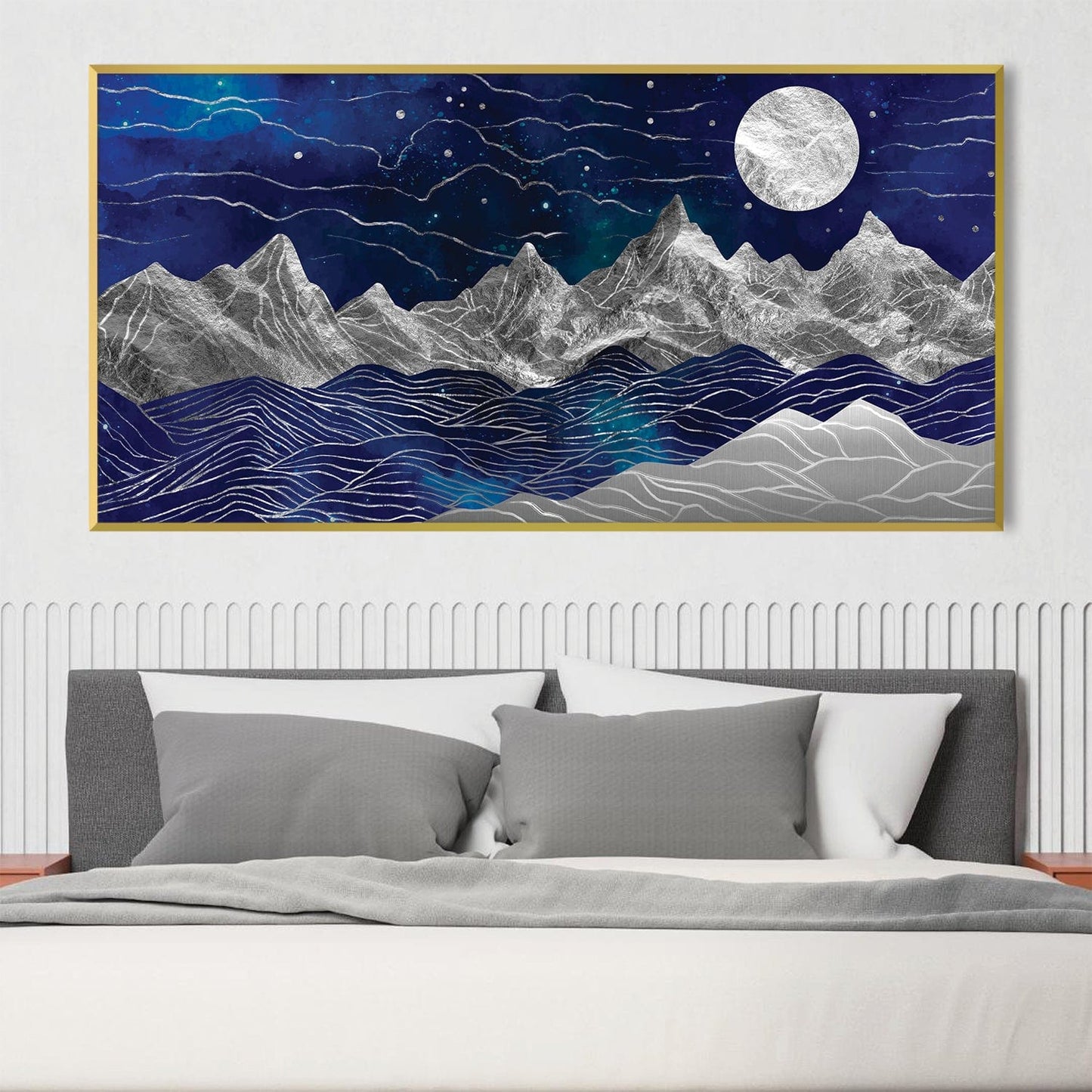 Majestic Silver Mountains Nightscape Oil Painting for Modern Home Decor