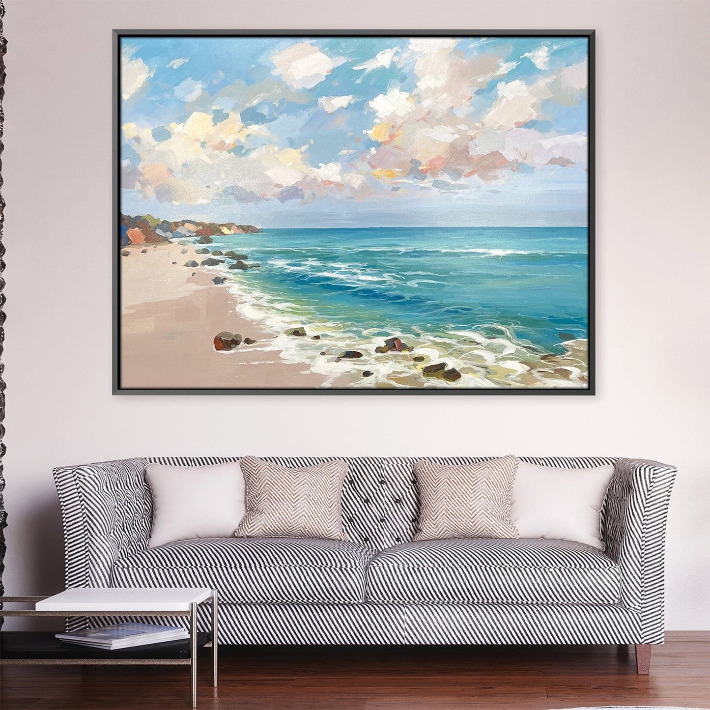 Coastal Serenity: Vibrant Oil Painting of Tranquil Beach and Blue Waters