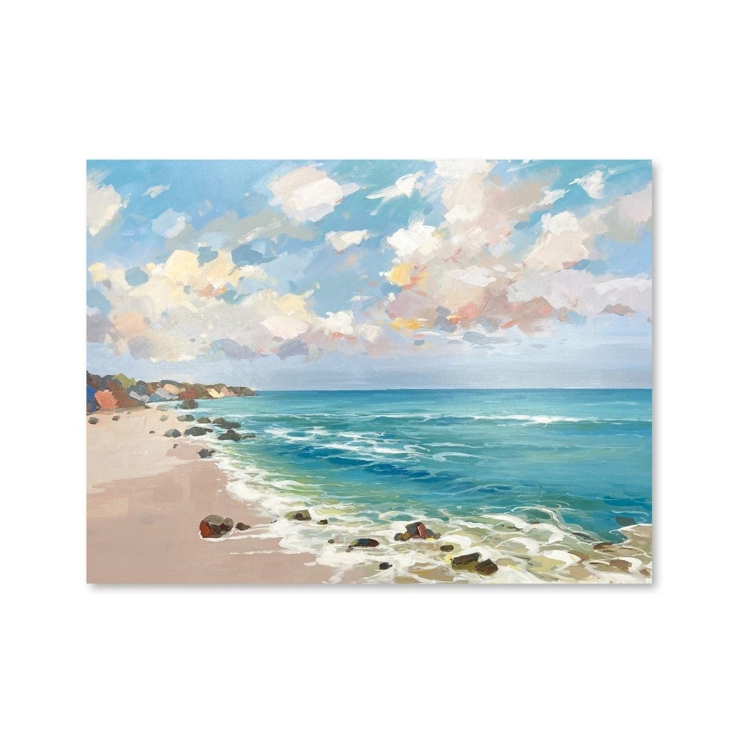 Coastal Serenity: Vibrant Oil Painting of Tranquil Beach and Blue Waters