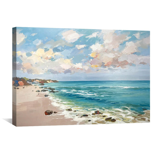 Coastal Serenity: Vibrant Oil Painting of Tranquil Beach and Blue Waters