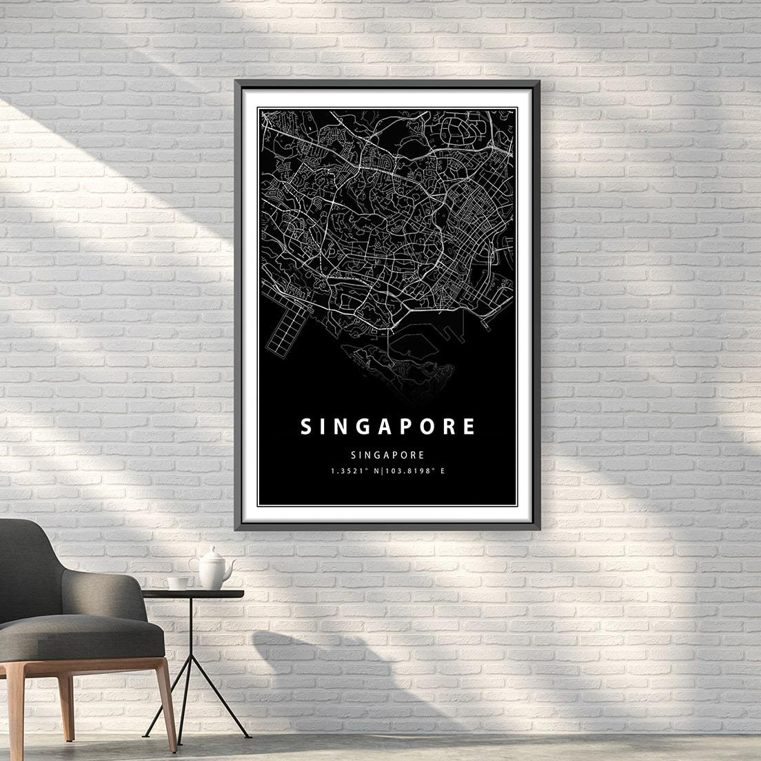 Stunning Black Map of Singapore | Elegant Oil Painting for Modern Decor