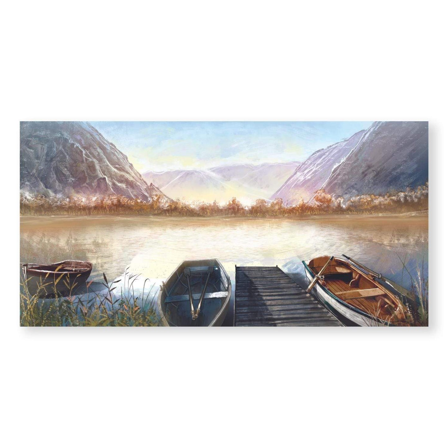 Tranquil Lakeside Scene with Boats and Serene Mountains - Oil Painting