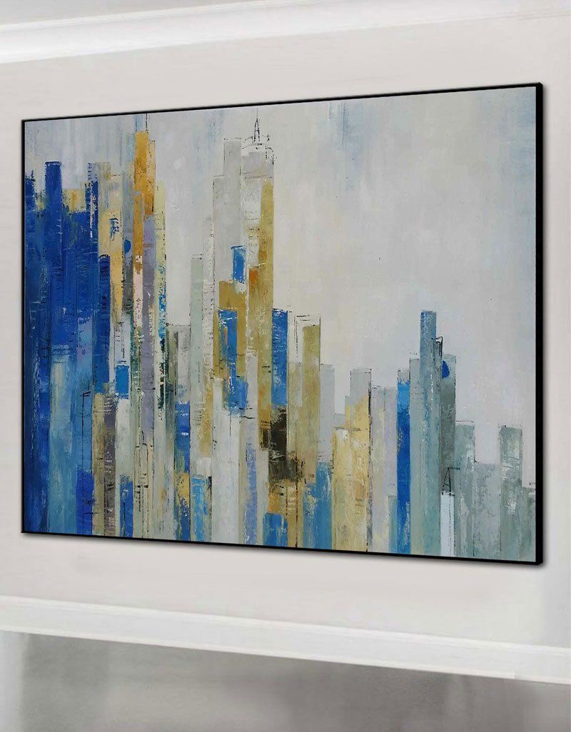 Modern Urban Skyline Oil Painting in Blue and Gold Abstract Style