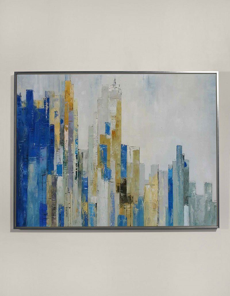 Modern Urban Skyline Oil Painting in Blue and Gold Abstract Style