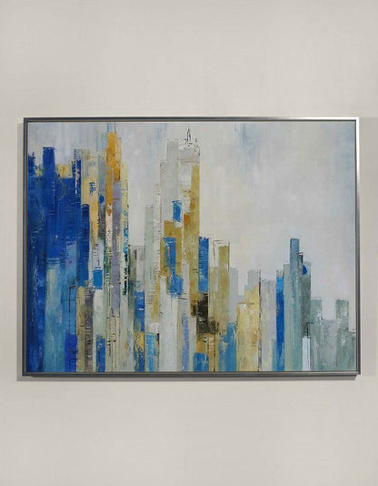 Modern Urban Skyline Oil Painting in Blue and Gold Abstract Style