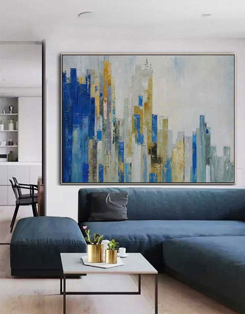 Modern Urban Skyline Oil Painting in Blue and Gold Abstract Style