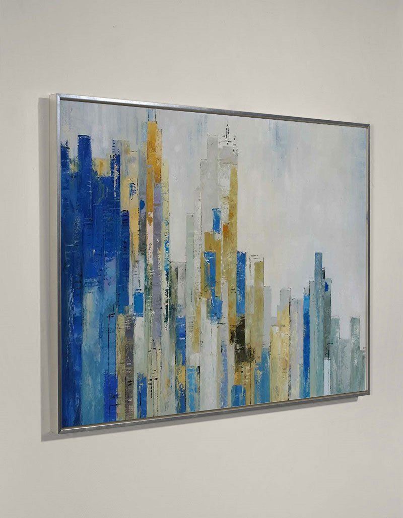 Modern Urban Skyline Oil Painting in Blue and Gold Abstract Style