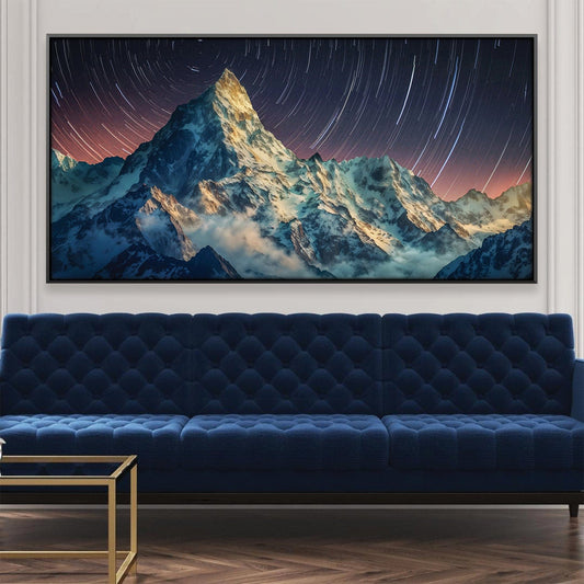 Majestic Mountain Landscape Oil Painting with Starry Sky and Serene Clouds