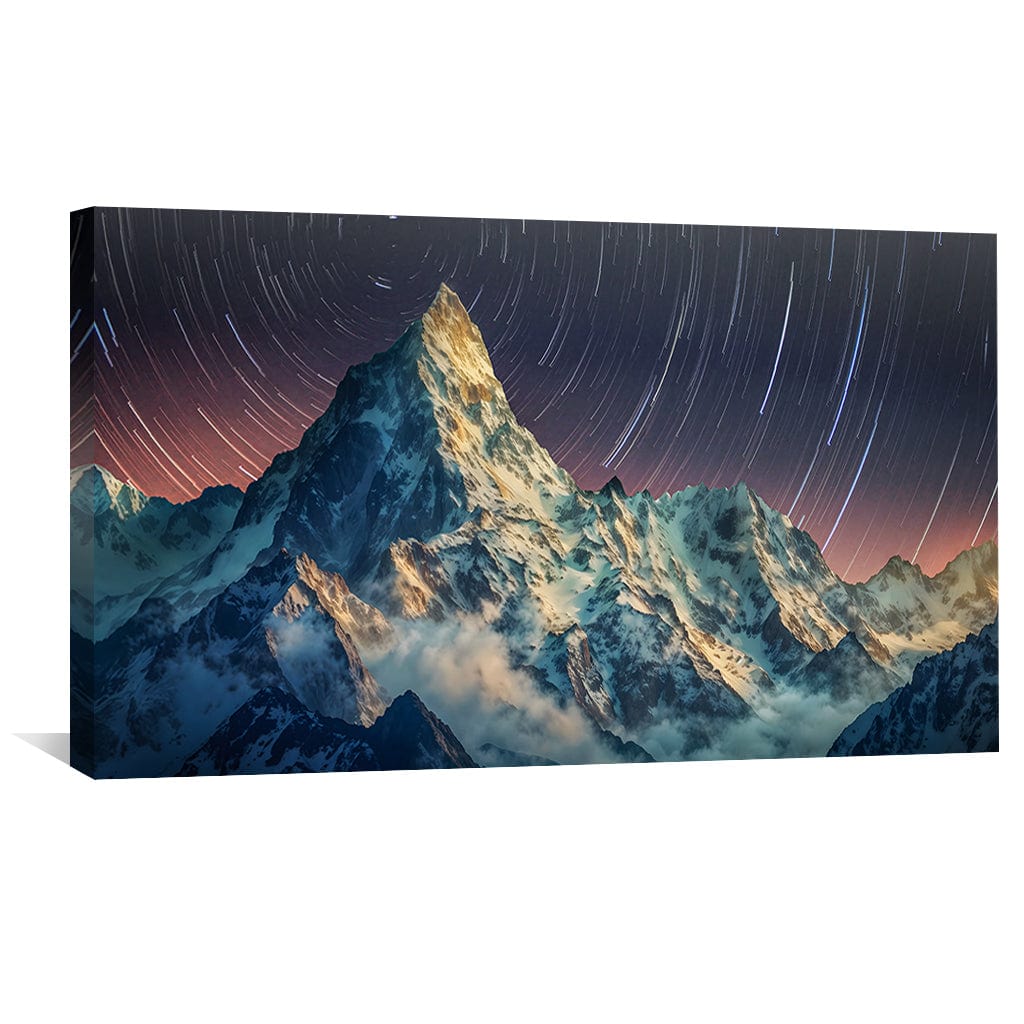 Majestic Mountain Landscape Oil Painting with Starry Sky and Serene Clouds