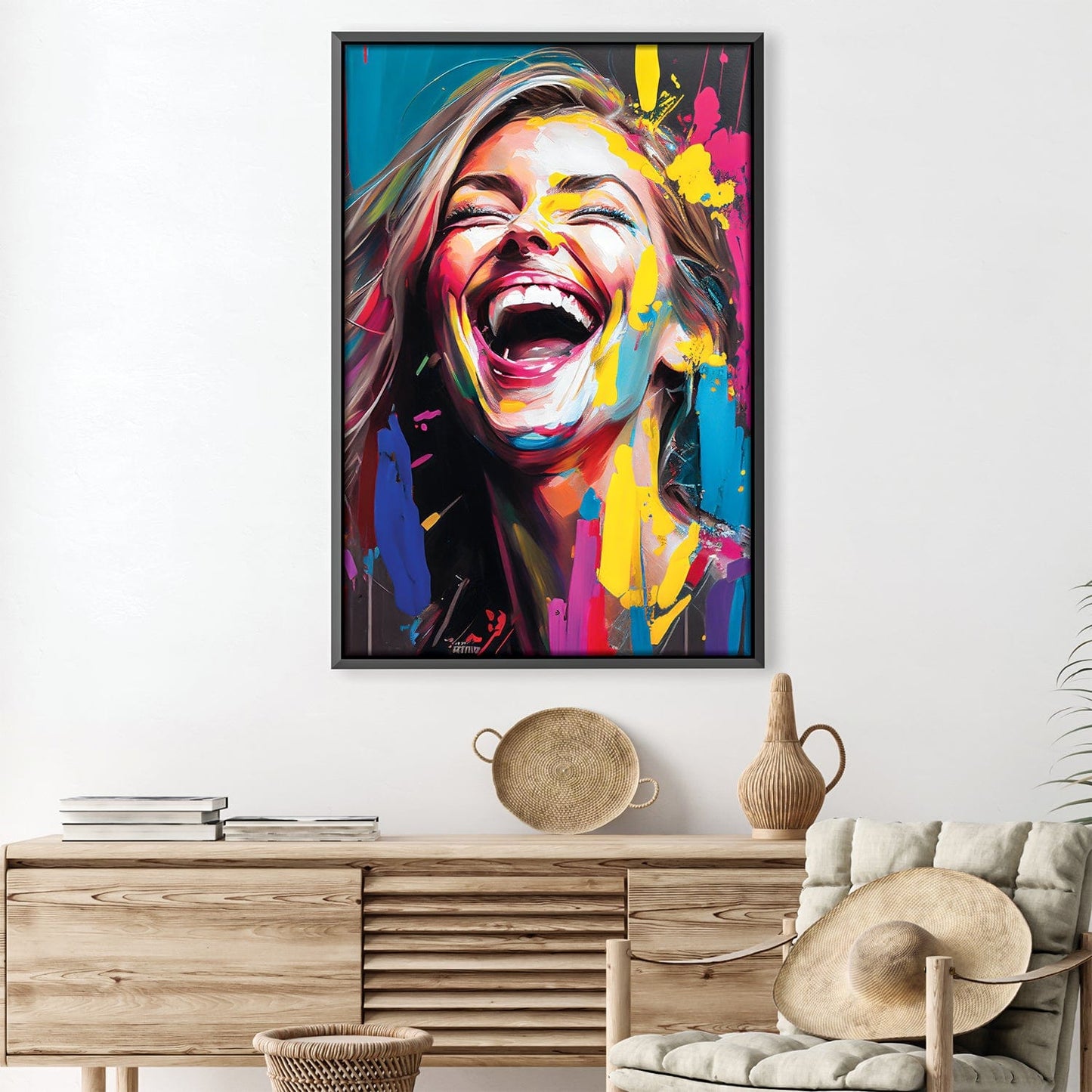 Vibrant Abstract Oil Painting of a Joyful Woman’s Laughter