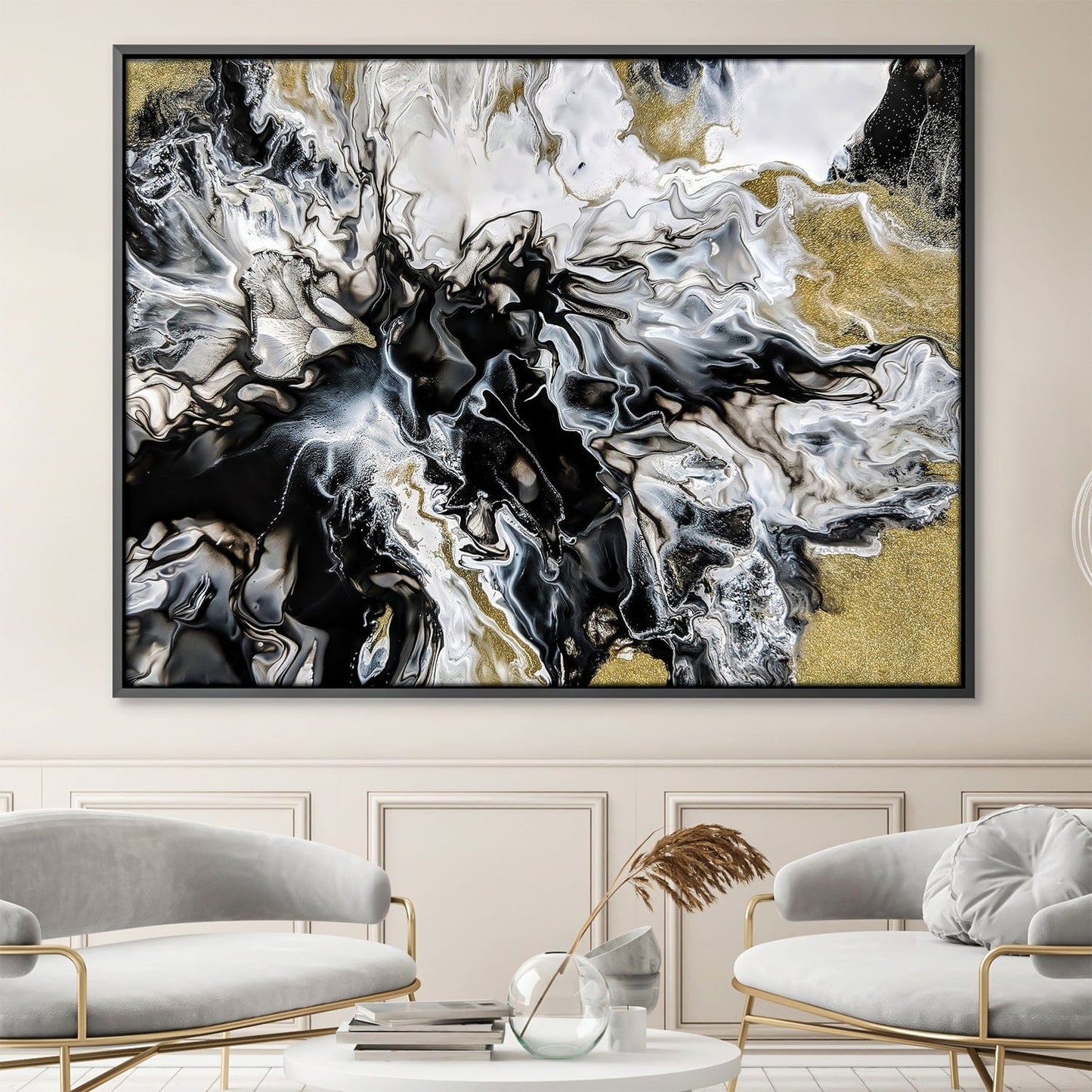 Abstract Black and Gold Oil Painting - Dynamic Smoke and Texture Art for Modern Decor