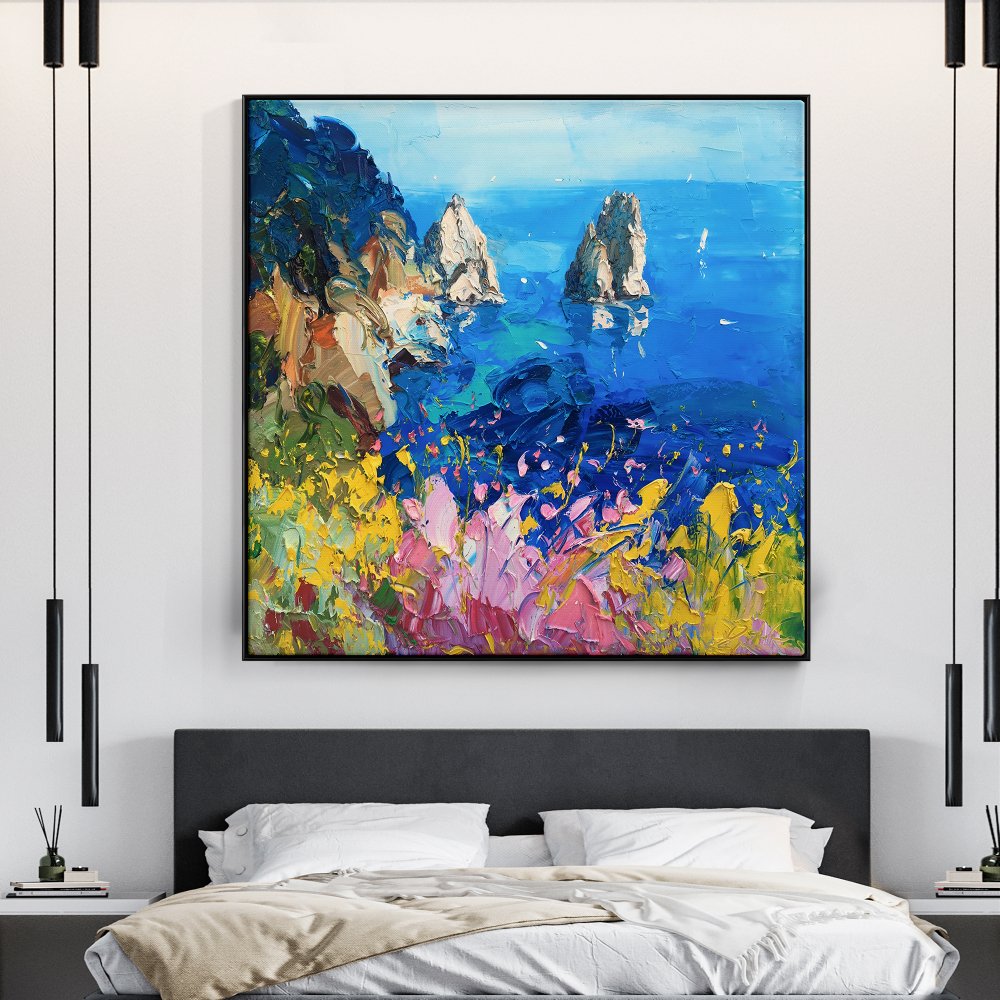 Vibrant Coastal Landscape Oil Painting of Sorrento's Stunning Seascape