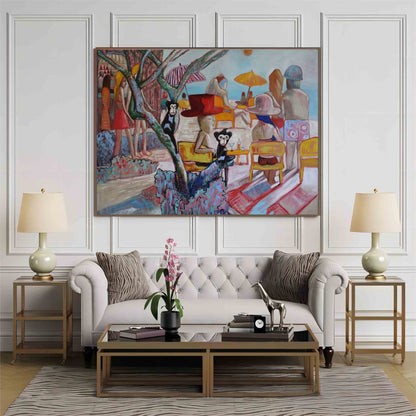 Whimsical Beach Scene with Monkeys and Colorful Umbrellas - Unique Pop Art Oil Painting
