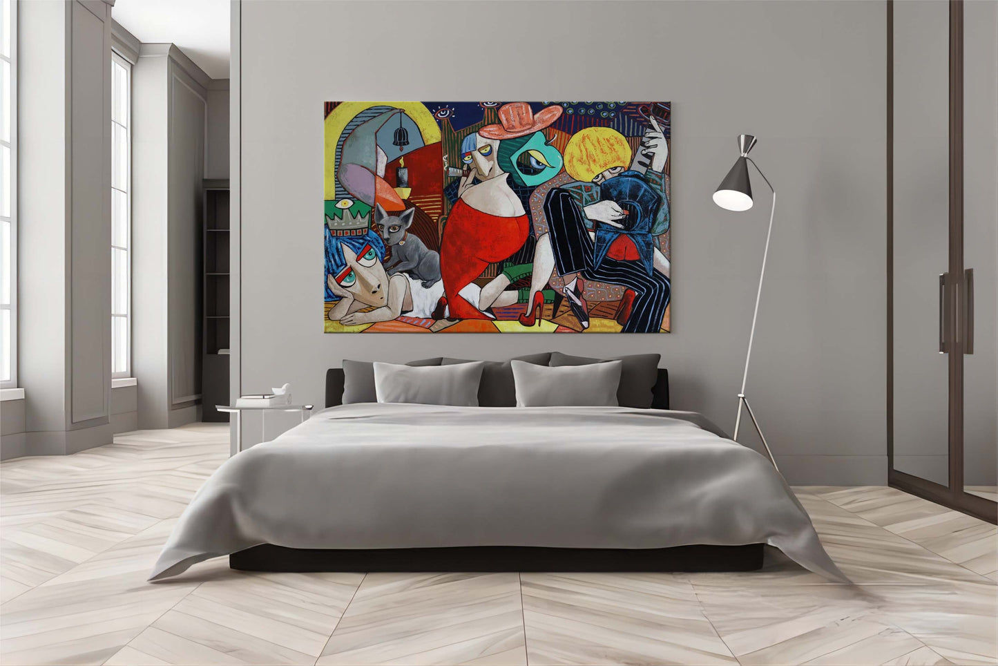 Vibrant Pop Art Oil Painting of Abstract Characters and Animals in Bold Colors