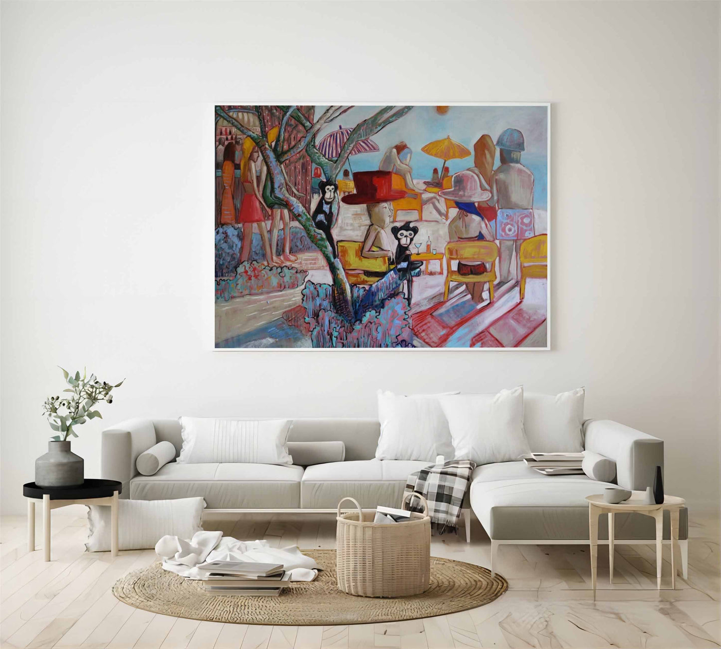 Whimsical Beach Scene with Monkeys and Colorful Umbrellas - Unique Pop Art Oil Painting