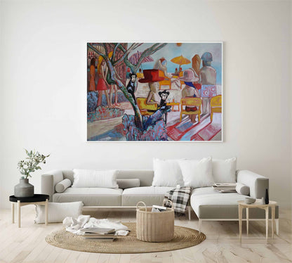 Whimsical Beach Scene with Monkeys and Colorful Umbrellas - Unique Pop Art Oil Painting