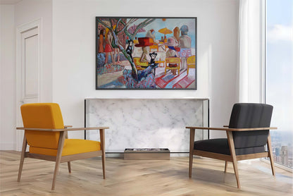 Whimsical Beach Scene with Monkeys and Colorful Umbrellas - Unique Pop Art Oil Painting