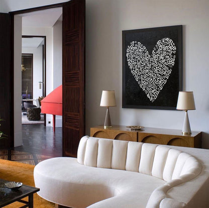 Abstract Heart Oil Painting in Bold Black and White Haring-Inspired Style