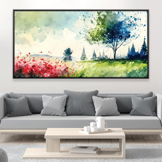 Vibrant Landscape Oil Painting of Meandering Meadows and Lush Greenery