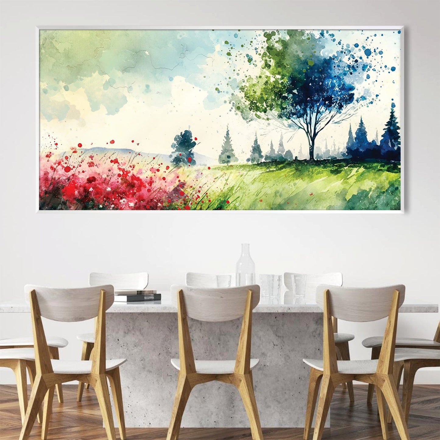 Vibrant Landscape Oil Painting of Meandering Meadows and Lush Greenery