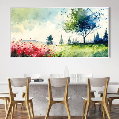 Vibrant Landscape Oil Painting of Meandering Meadows and Lush Greenery